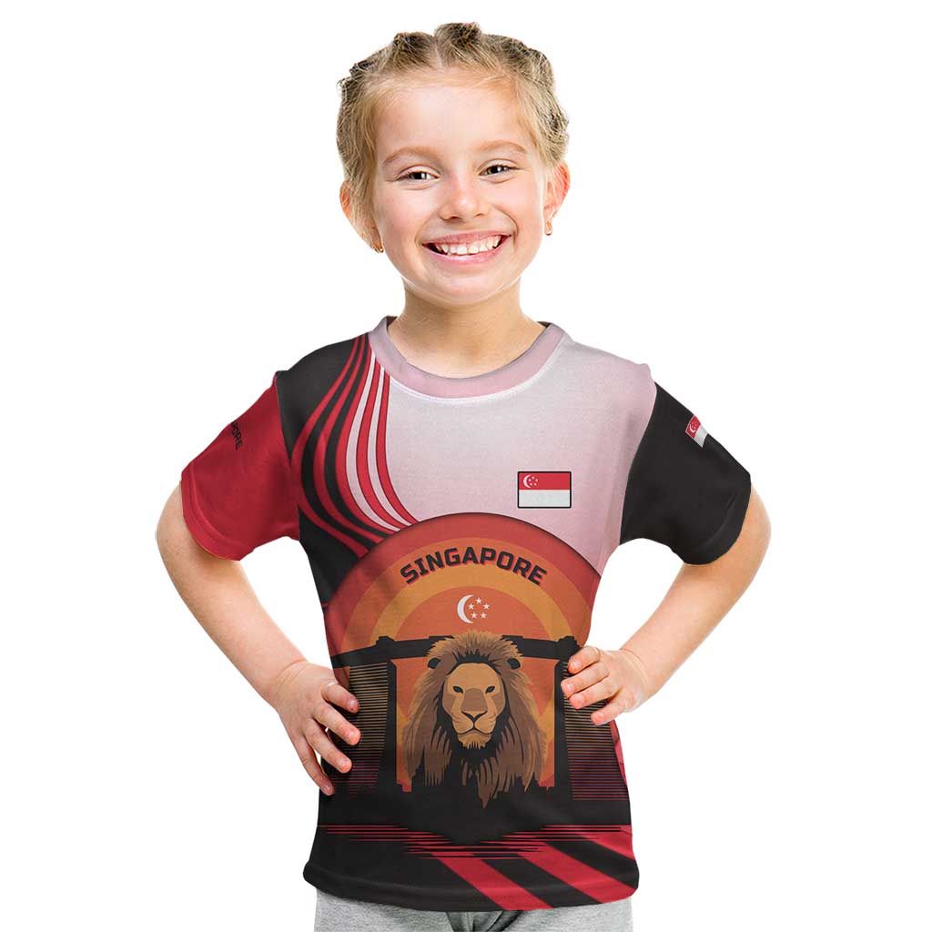 Singapore Lion Kid T Shirt with Sunset Marina Bay Design and National Flag