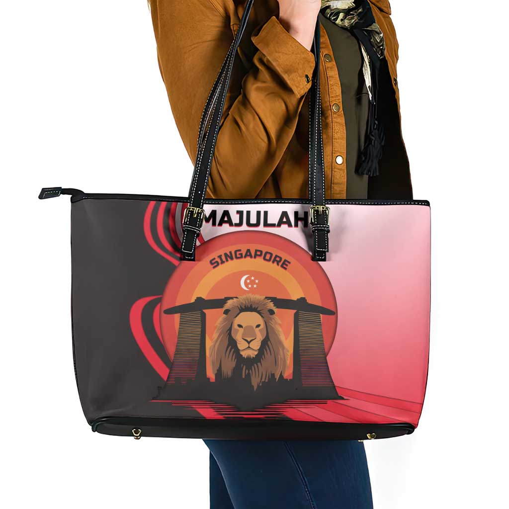 Singapore Lion Leather Tote Bag with Sunset Marina Bay Design and National Flag