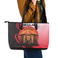 Singapore Lion Leather Tote Bag with Sunset Marina Bay Design and National Flag