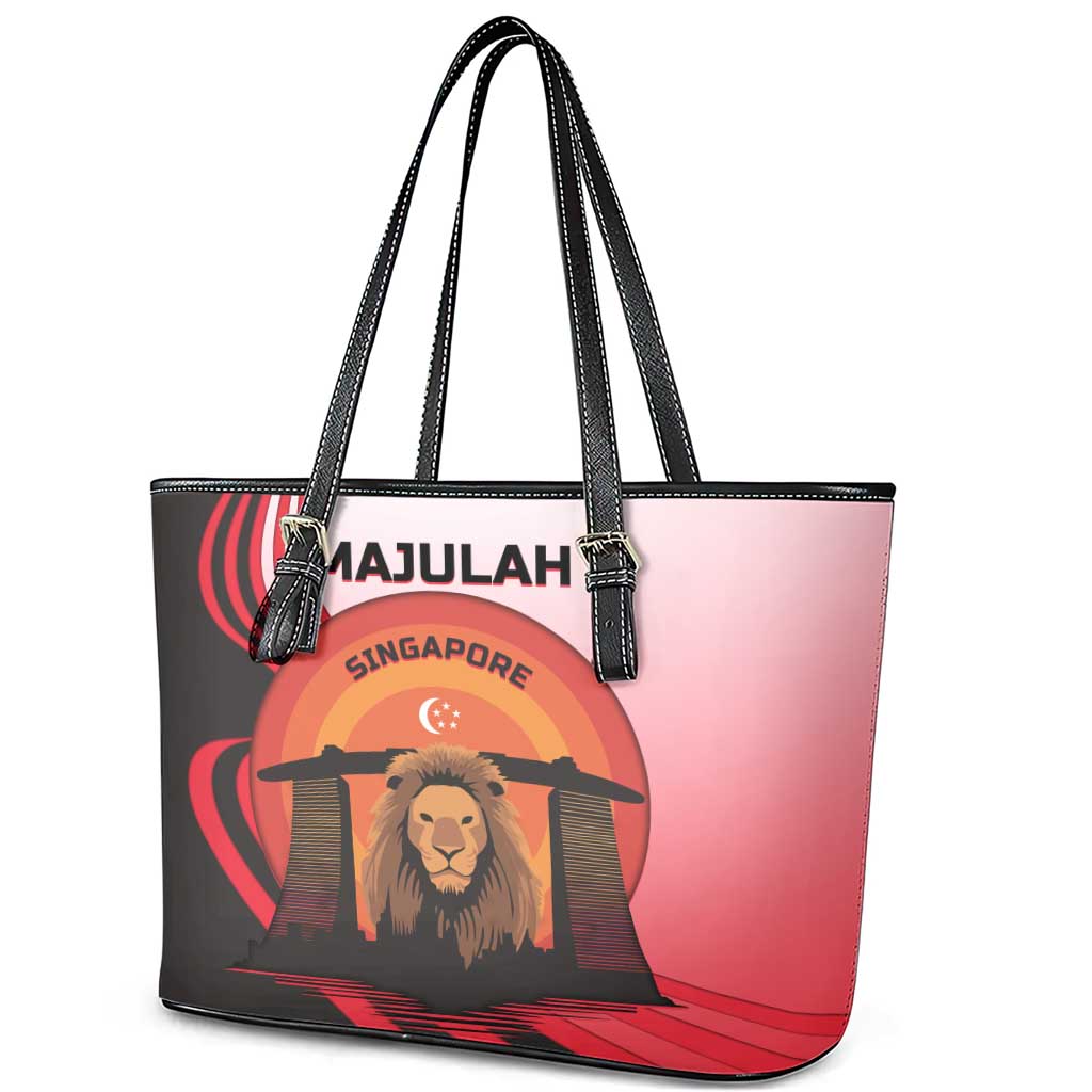 Singapore Lion Leather Tote Bag with Sunset Marina Bay Design and National Flag