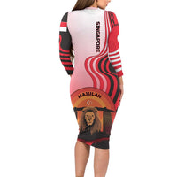 Singapore Lion Long Sleeve Bodycon Dress with Sunset Marina Bay Design and National Flag