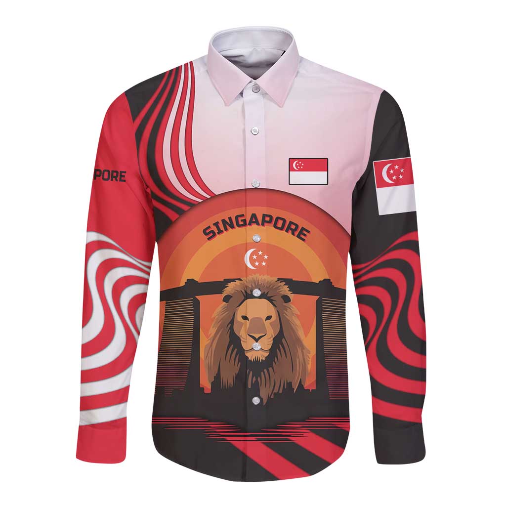 Singapore Lion Long Sleeve Button Shirt with Sunset Marina Bay Design and National Flag