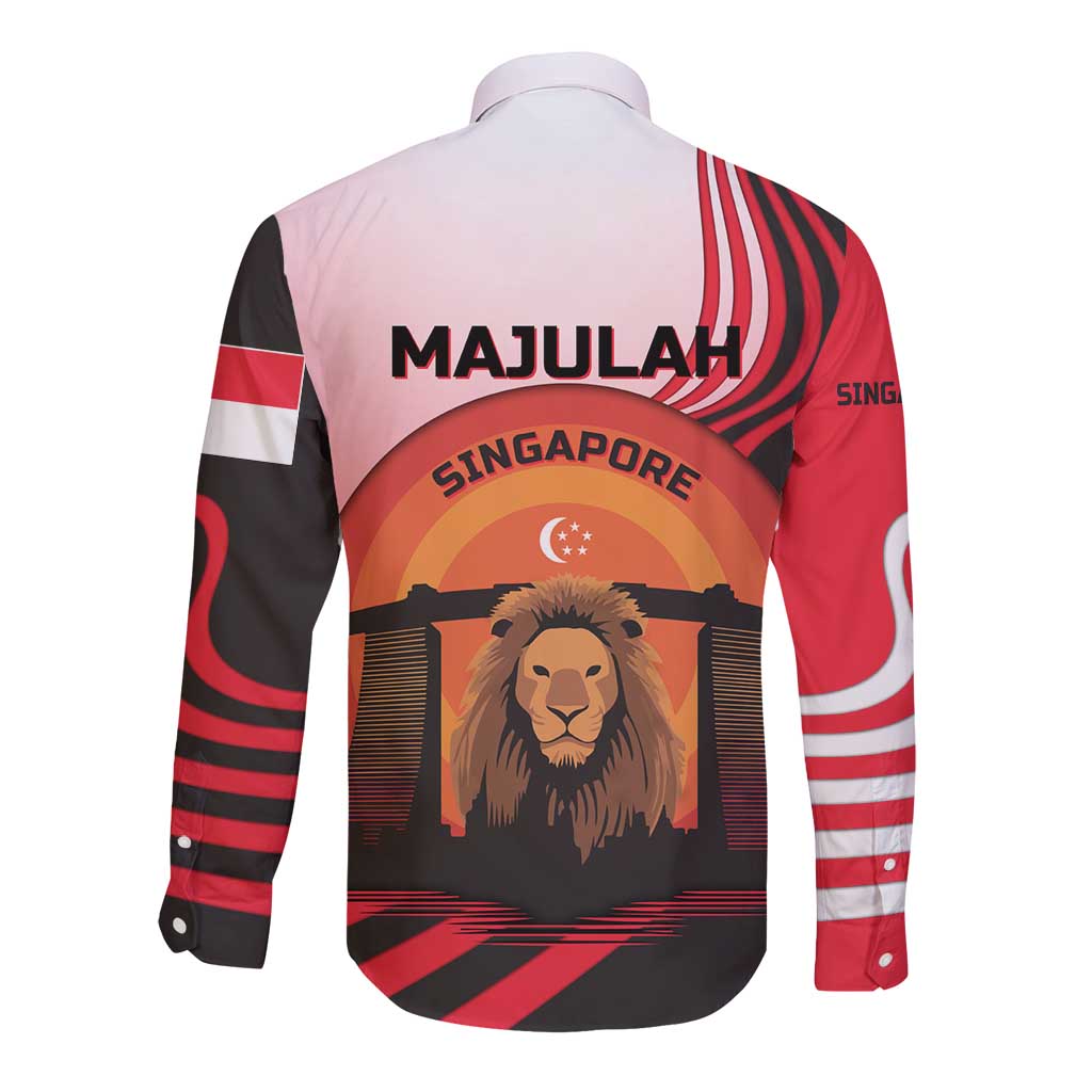 Singapore Lion Long Sleeve Button Shirt with Sunset Marina Bay Design and National Flag