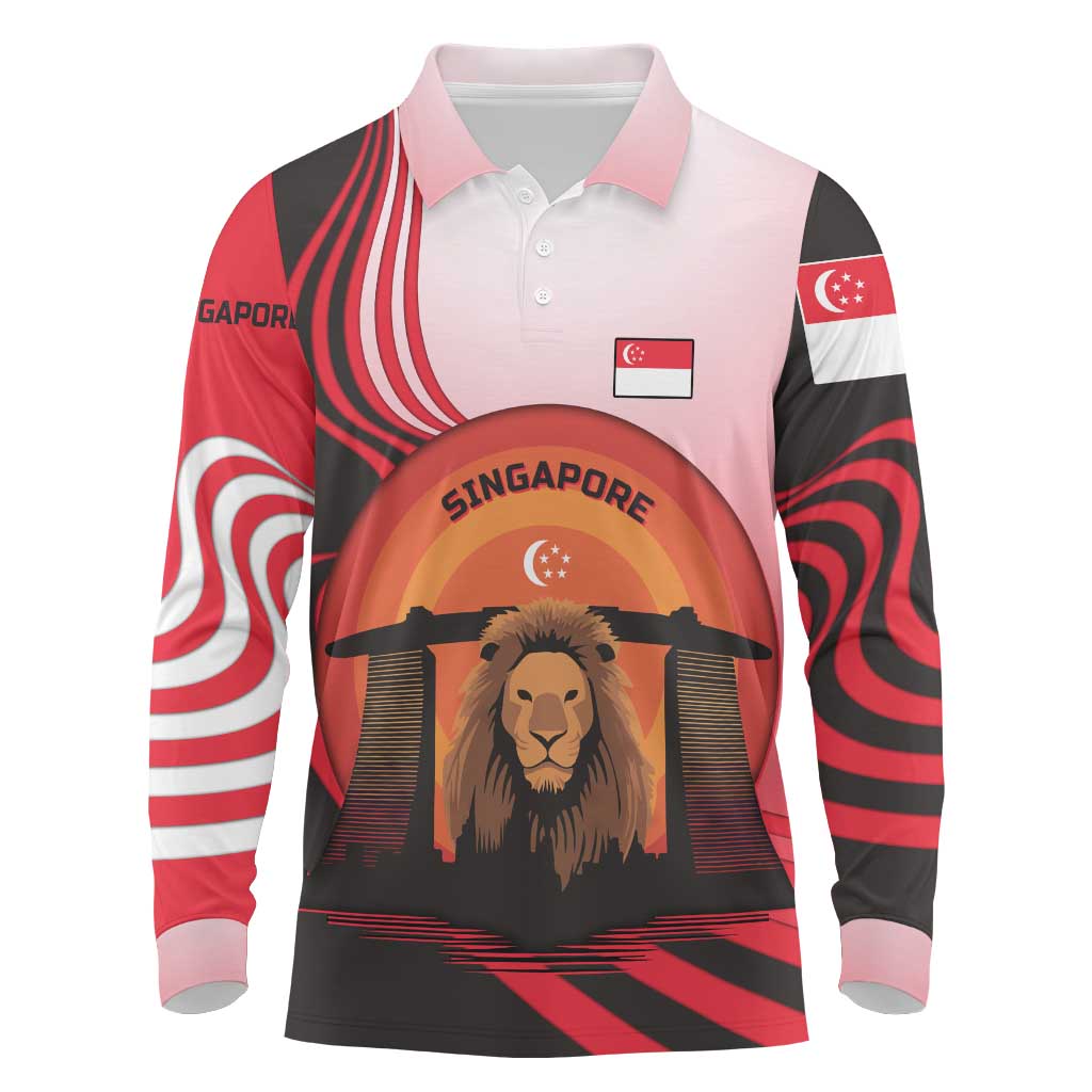 Singapore Lion Long Sleeve Polo Shirt with Sunset Marina Bay Design and National Flag