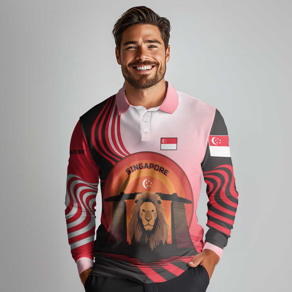 Singapore Lion Long Sleeve Polo Shirt with Sunset Marina Bay Design and National Flag