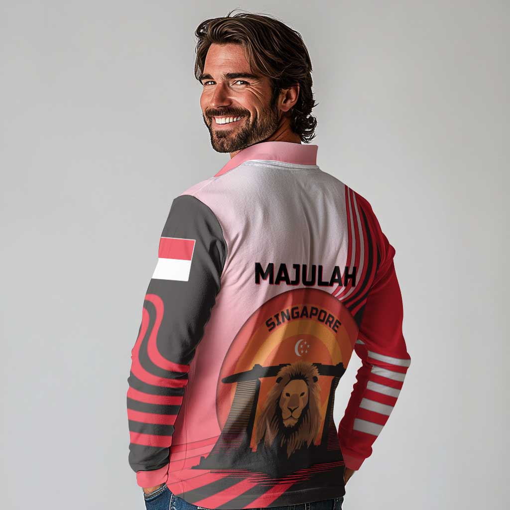 Singapore Lion Long Sleeve Polo Shirt with Sunset Marina Bay Design and National Flag