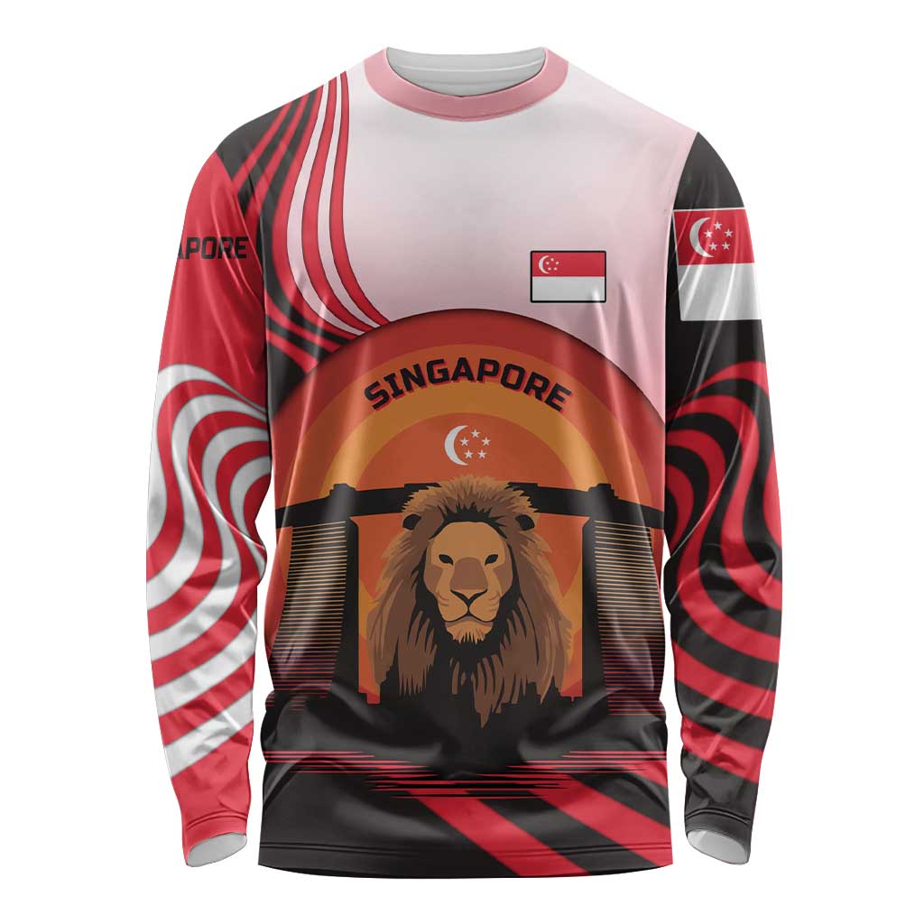 Singapore Lion Long Sleeve Shirt with Sunset Marina Bay Design and National Flag
