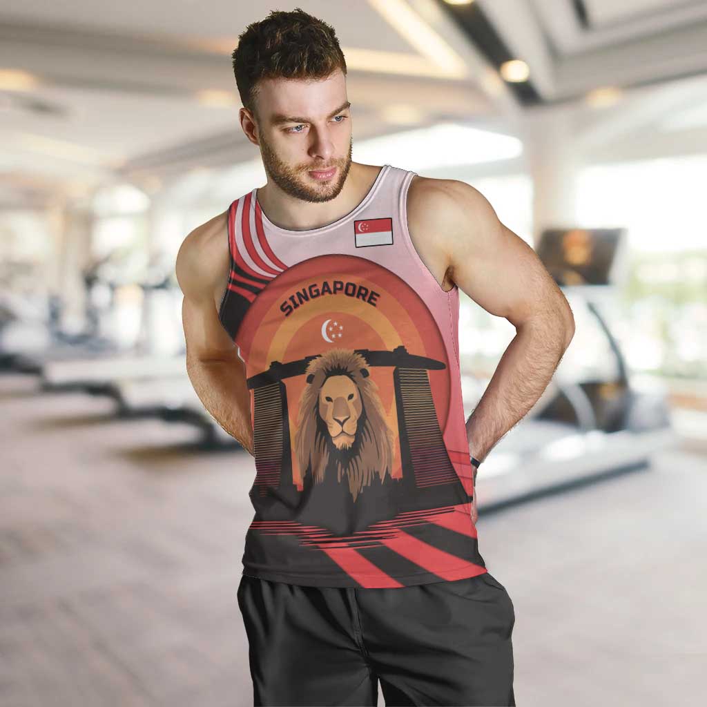 Singapore Lion Men Tank Top with Sunset Marina Bay Design and National Flag