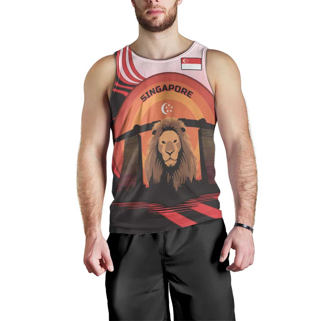 Singapore Lion Men Tank Top with Sunset Marina Bay Design and National Flag