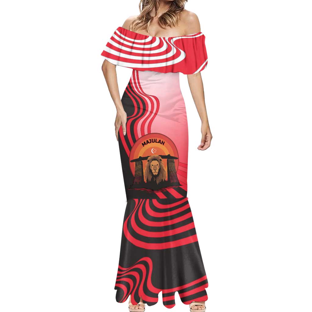 Singapore Lion Mermaid Dress with Sunset Marina Bay Design and National Flag