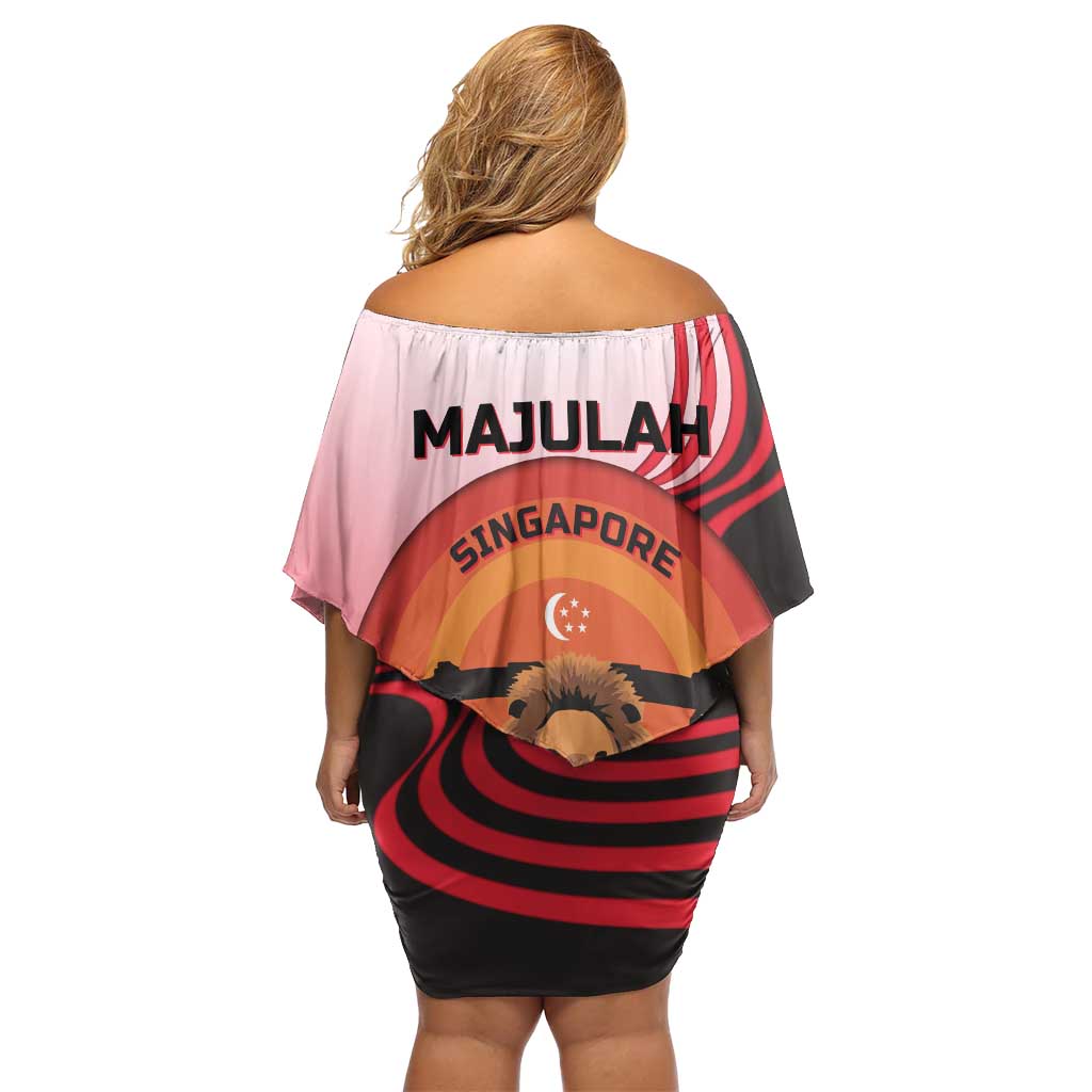 Singapore Lion Off Shoulder Short Dress with Sunset Marina Bay Design and National Flag