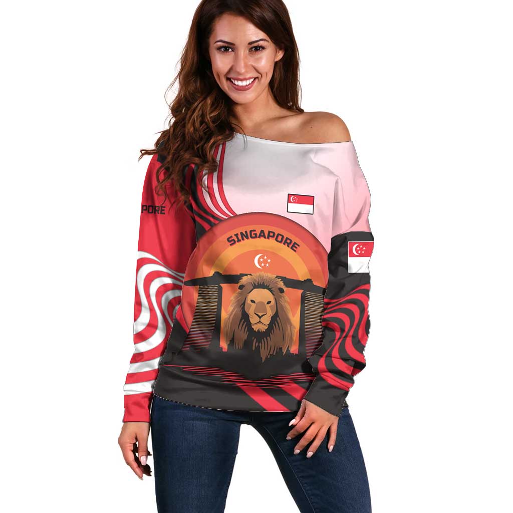 Singapore Lion Off Shoulder Sweater with Sunset Marina Bay Design and National Flag