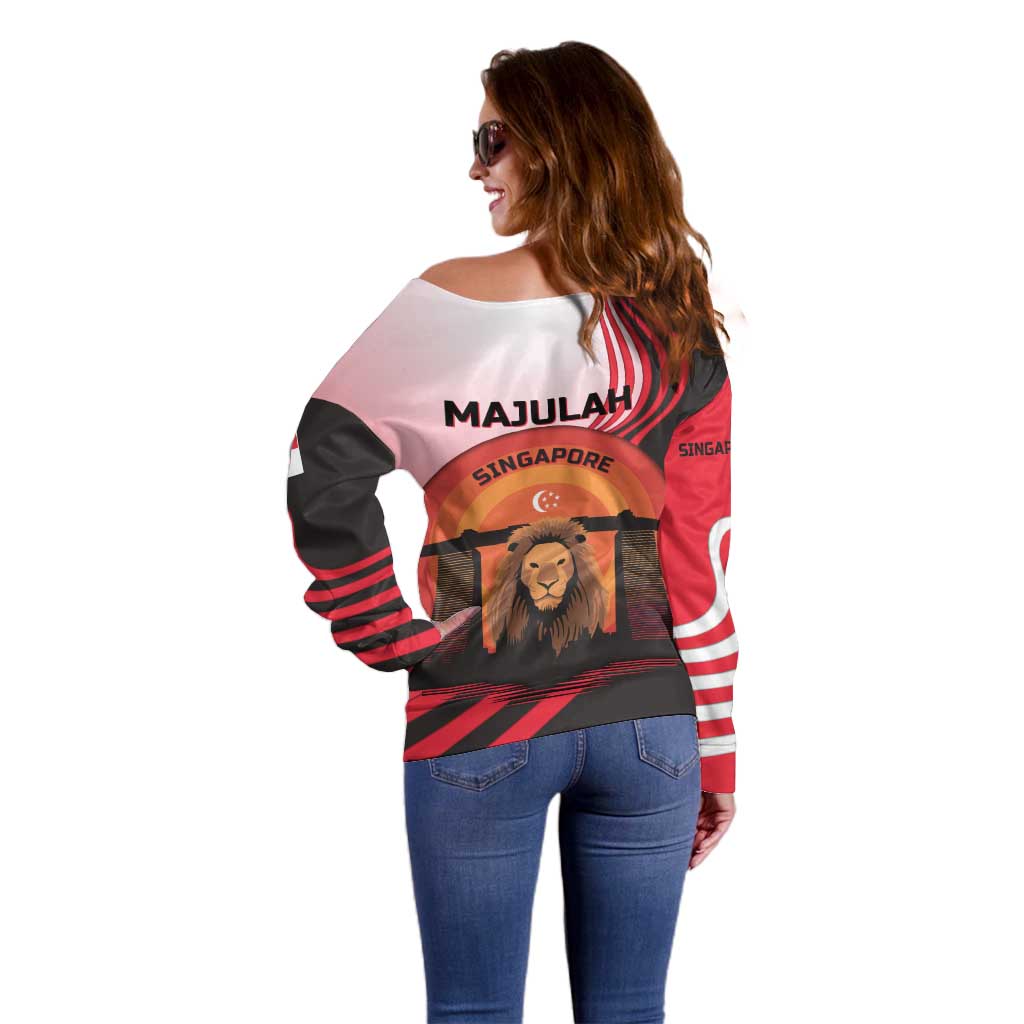 Singapore Lion Off Shoulder Sweater with Sunset Marina Bay Design and National Flag