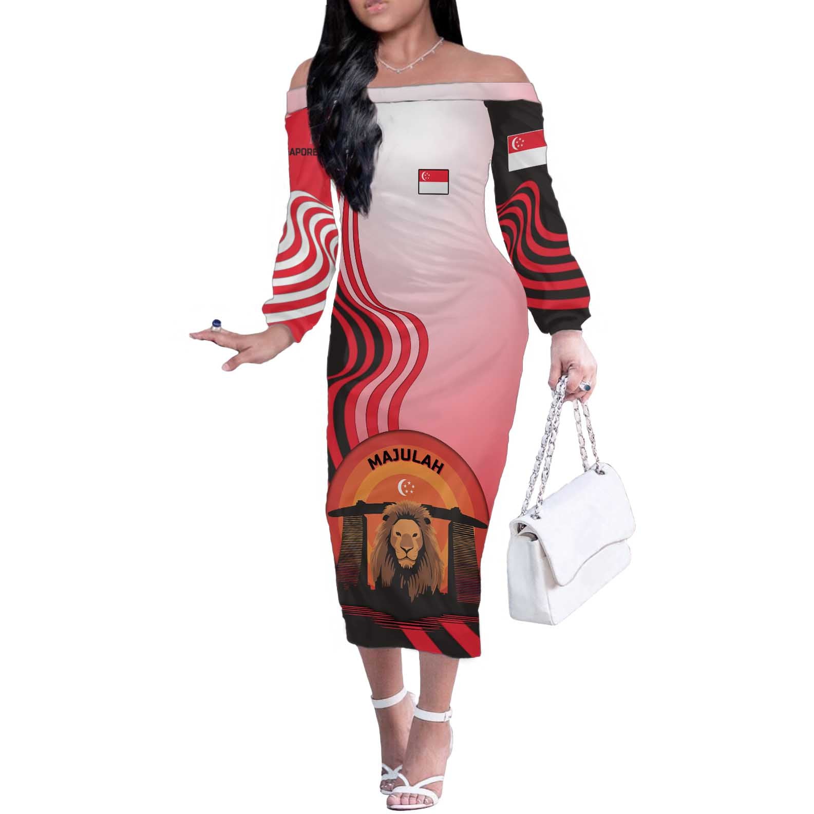 Singapore Lion Off The Shoulder Long Sleeve Dress with Sunset Marina Bay Design and National Flag