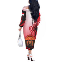 Singapore Lion Off The Shoulder Long Sleeve Dress with Sunset Marina Bay Design and National Flag