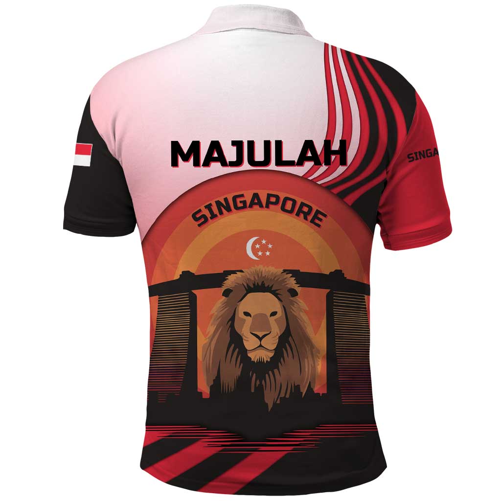 Singapore Lion Polo Shirt with Sunset Marina Bay Design and National Flag