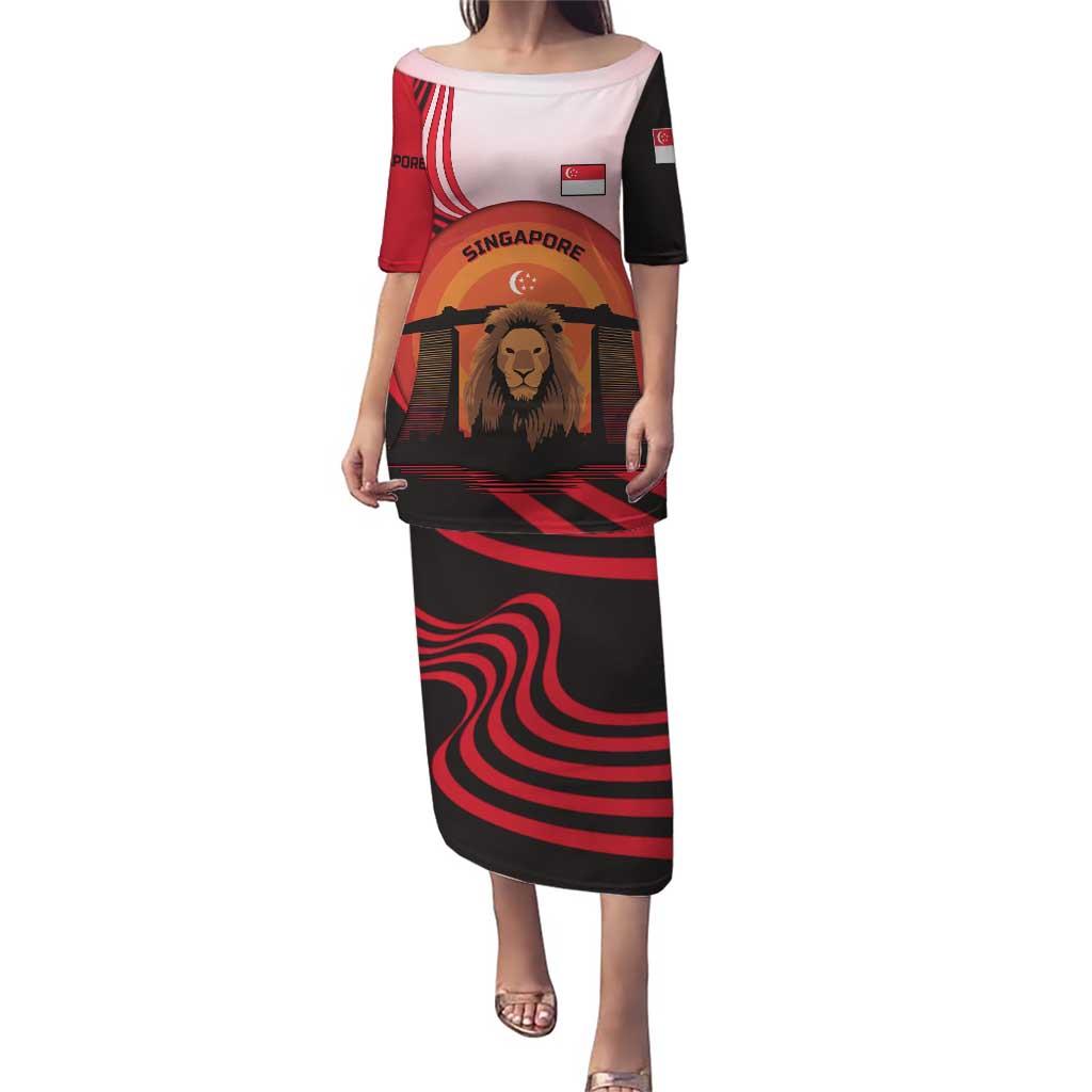 Singapore Lion Puletasi with Sunset Marina Bay Design and National Flag