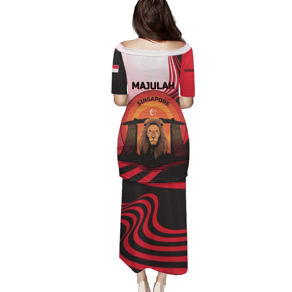 Singapore Lion Puletasi with Sunset Marina Bay Design and National Flag