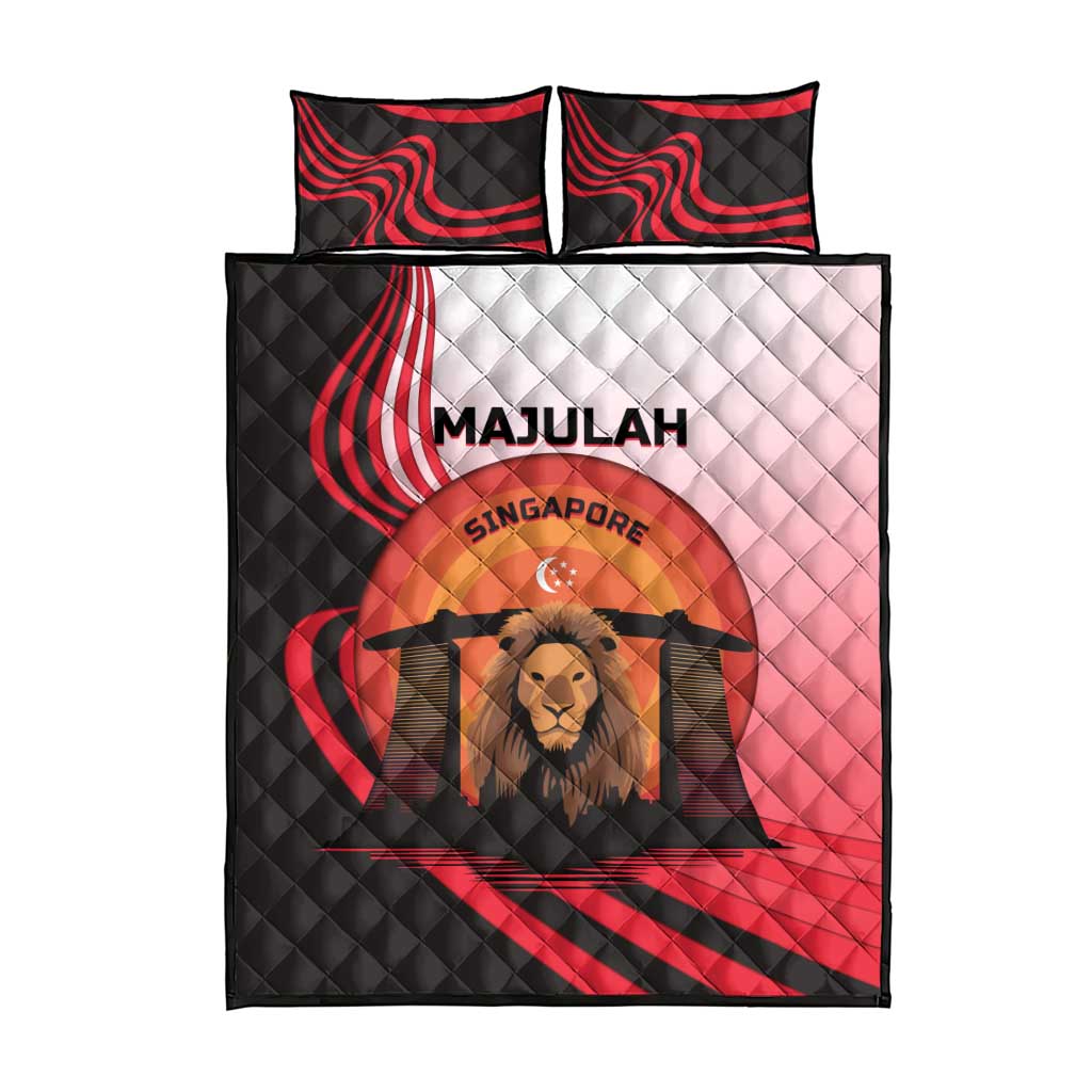 Singapore Lion Quilt Bed Set with Sunset Marina Bay Design and National Flag