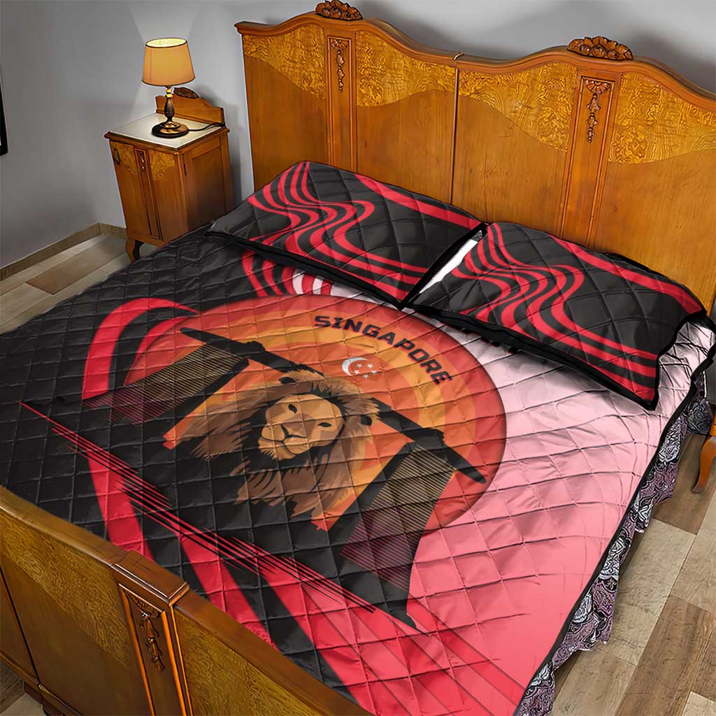 Singapore Lion Quilt Bed Set with Sunset Marina Bay Design and National Flag