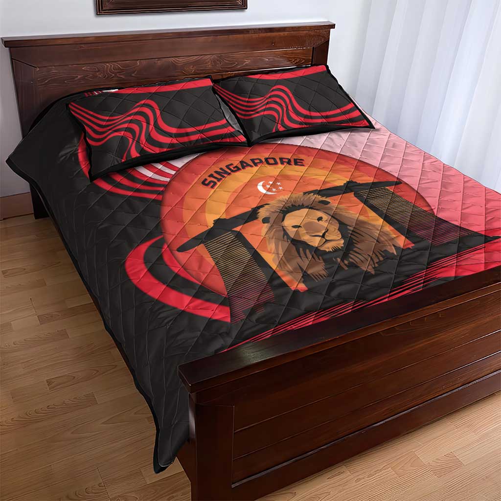 Singapore Lion Quilt Bed Set with Sunset Marina Bay Design and National Flag