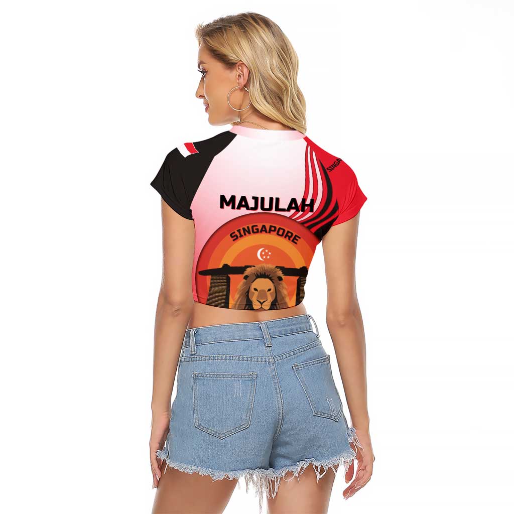 Singapore Lion Raglan Cropped T Shirt with Sunset Marina Bay Design and National Flag