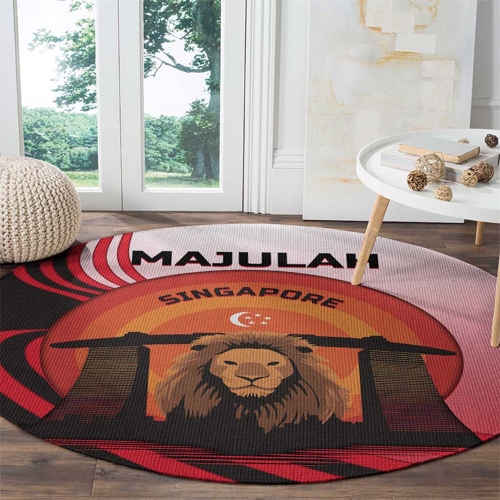 Singapore Lion Round Carpet with Sunset Marina Bay Design and National Flag