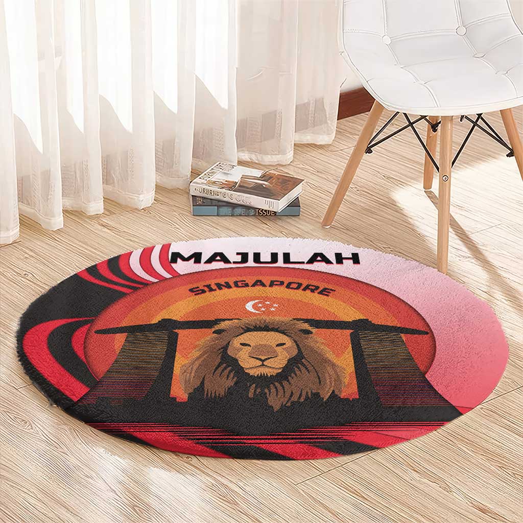 Singapore Lion Round Carpet with Sunset Marina Bay Design and National Flag