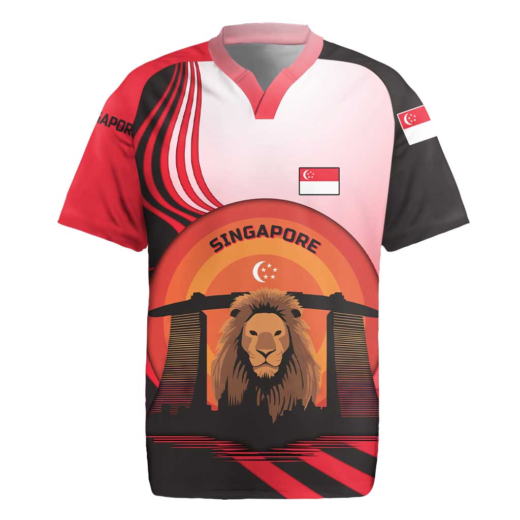 Singapore Lion Rugby Jersey with Sunset Marina Bay Design and National Flag