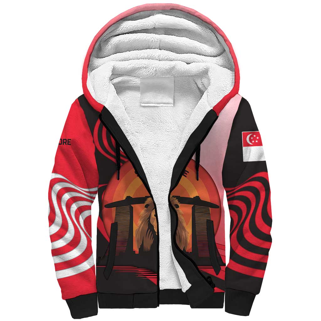Singapore Lion Sherpa Hoodie with Sunset Marina Bay Design and National Flag