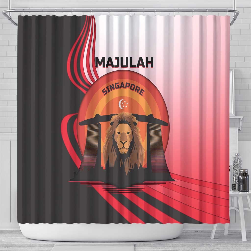 Singapore Lion Shower Curtain with Sunset Marina Bay Design and National Flag