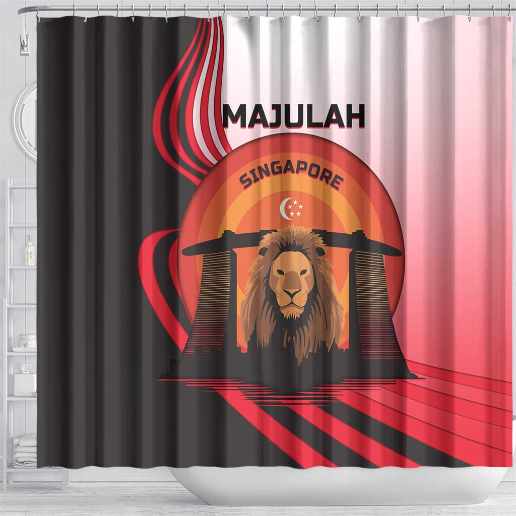 Singapore Lion Shower Curtain with Sunset Marina Bay Design and National Flag