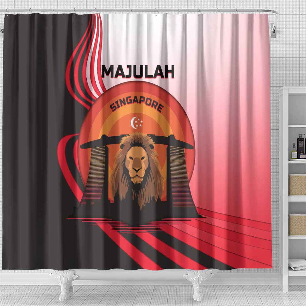 Singapore Lion Shower Curtain with Sunset Marina Bay Design and National Flag