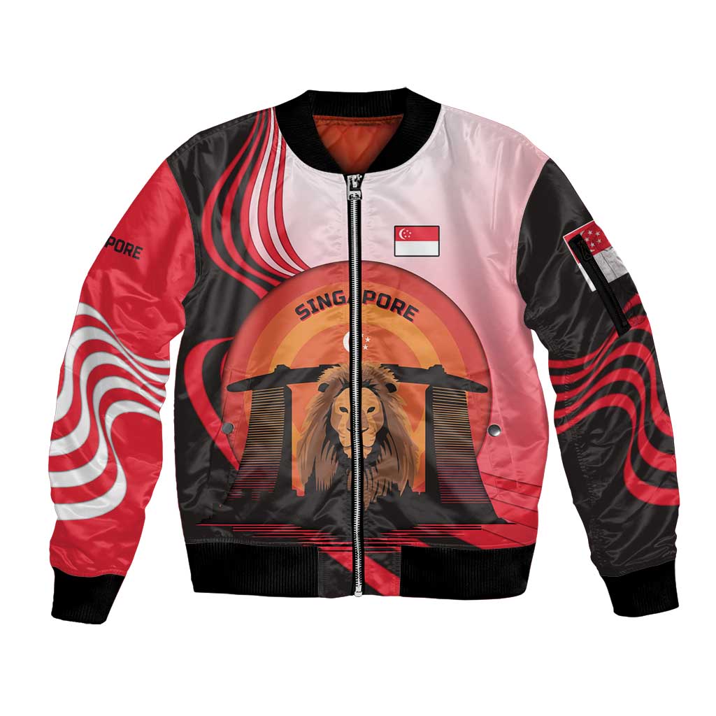 Singapore Lion Sleeve Zip Bomber Jacket with Sunset Marina Bay Design and National Flag