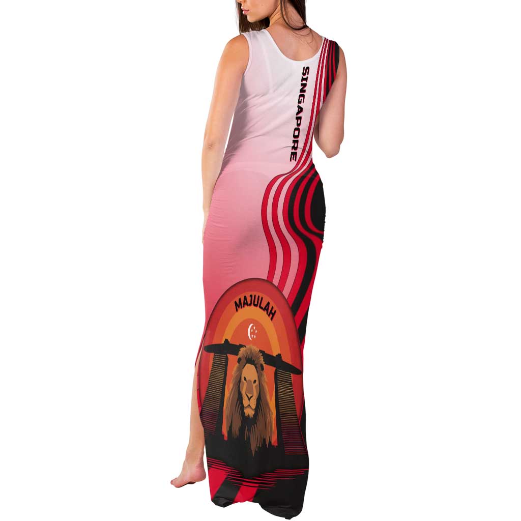 Singapore Lion Tank Maxi Dress with Sunset Marina Bay Design and National Flag
