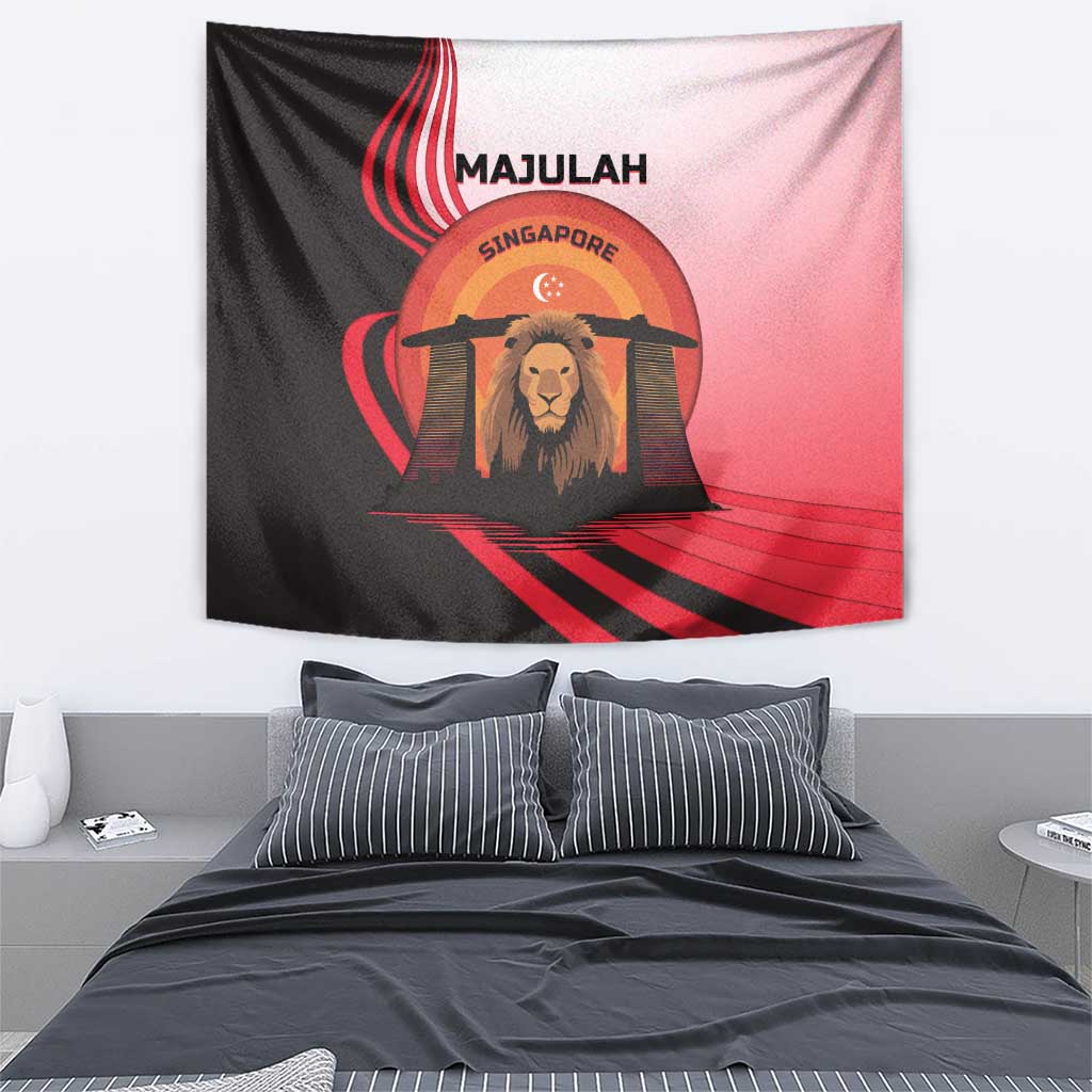 Singapore Lion Tapestry with Sunset Marina Bay Design and National Flag