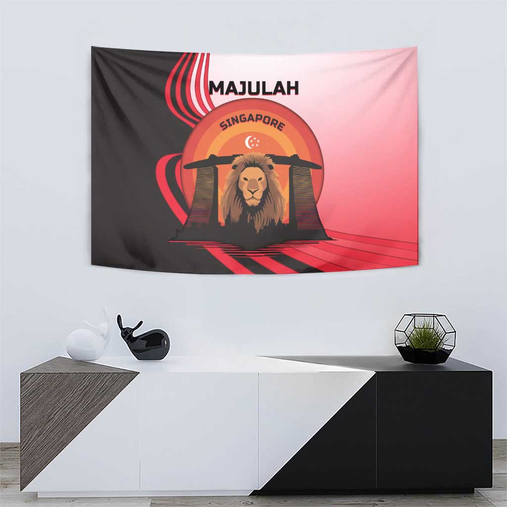 Singapore Lion Tapestry with Sunset Marina Bay Design and National Flag