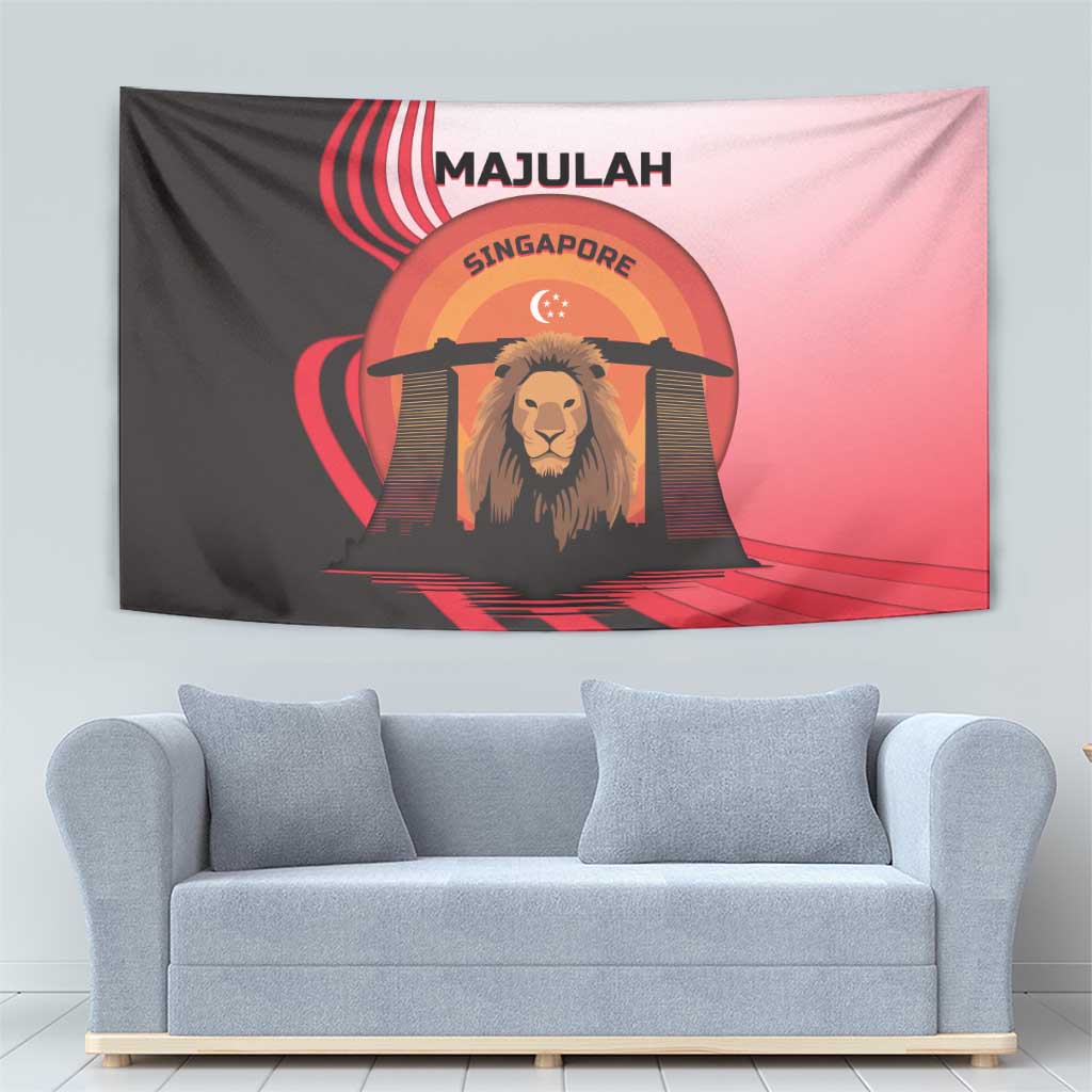 Singapore Lion Tapestry with Sunset Marina Bay Design and National Flag