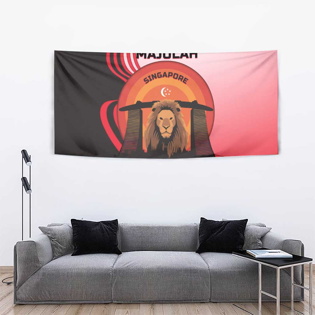 Singapore Lion Tapestry with Sunset Marina Bay Design and National Flag
