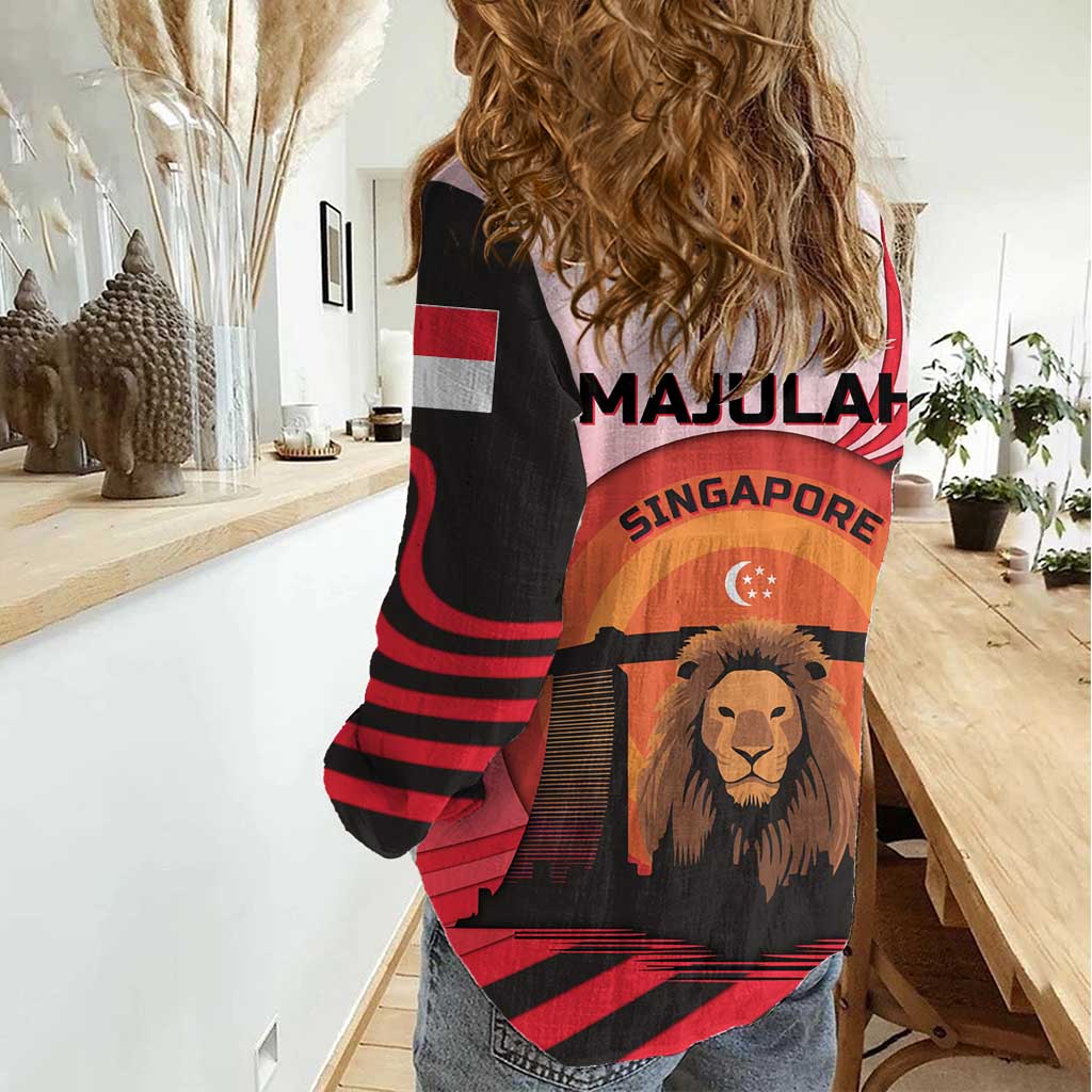 Singapore Lion Women Casual Shirt with Sunset Marina Bay Design and National Flag