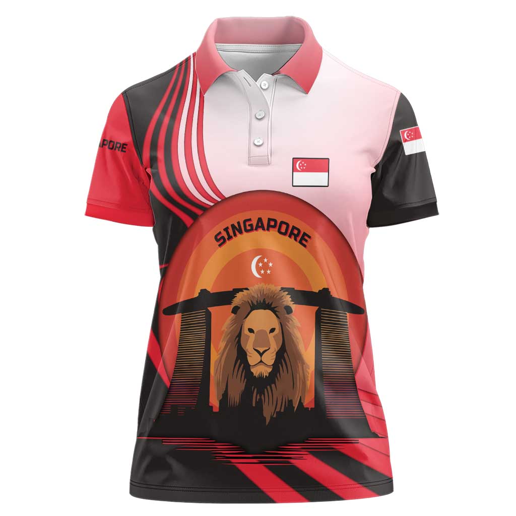 Singapore Lion Women Polo Shirt with Sunset Marina Bay Design and National Flag