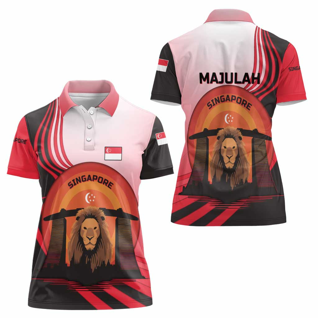 Singapore Lion Women Polo Shirt with Sunset Marina Bay Design and National Flag
