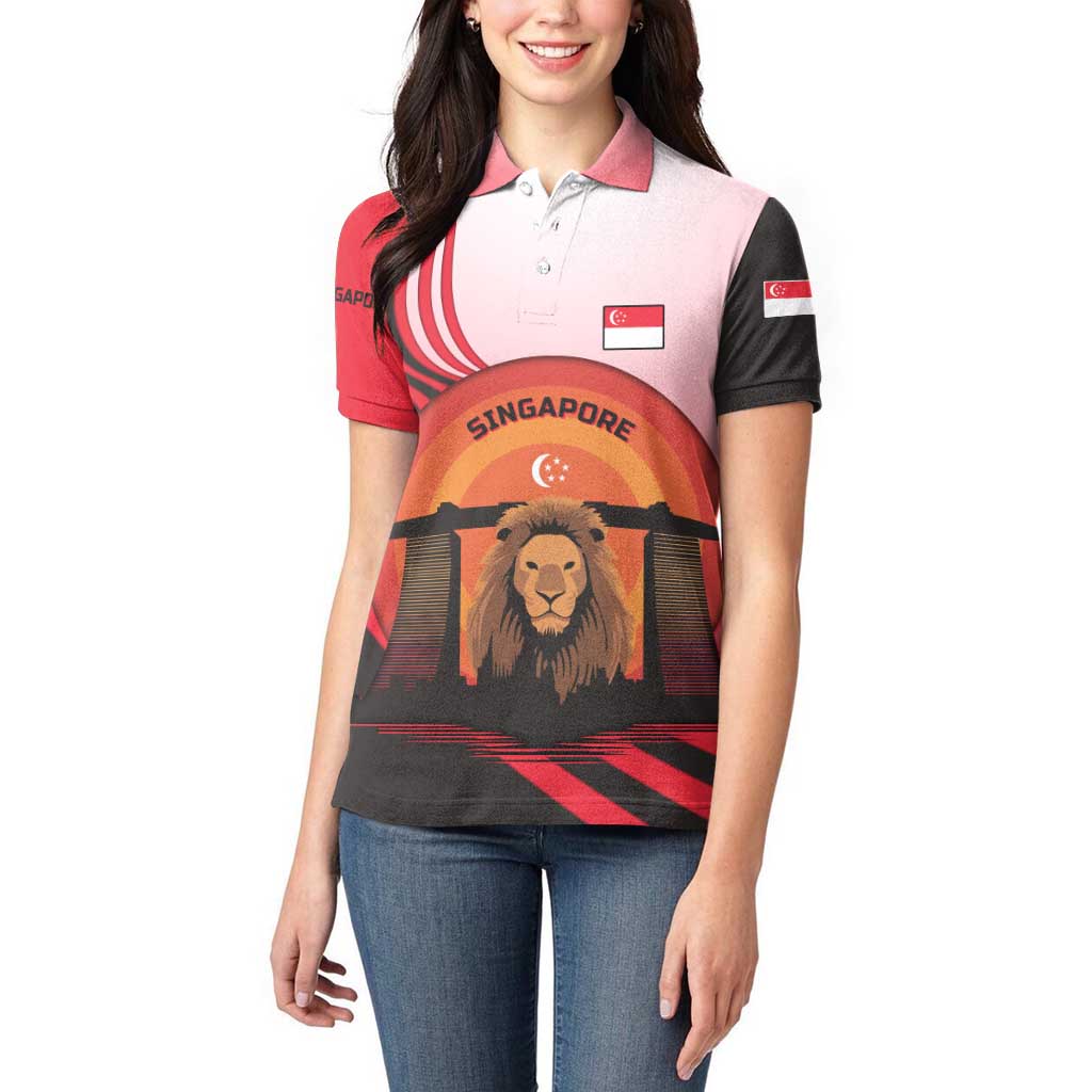 Singapore Lion Women Polo Shirt with Sunset Marina Bay Design and National Flag