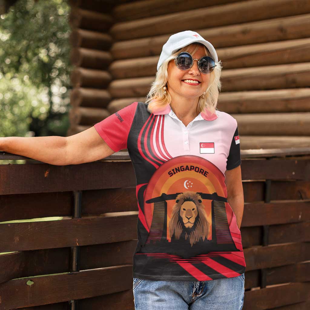 Singapore Lion Women Polo Shirt with Sunset Marina Bay Design and National Flag