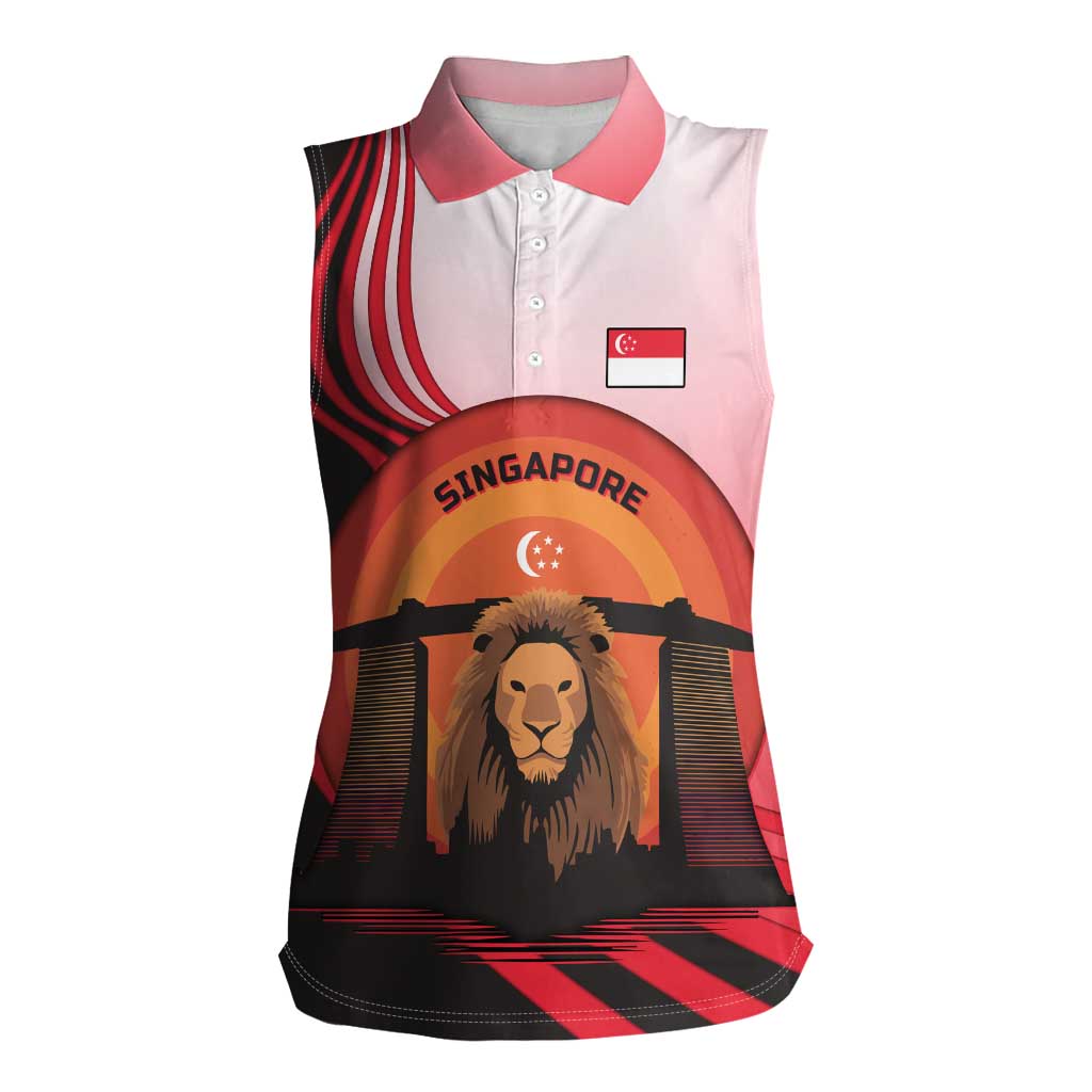 Singapore Lion Women Sleeveless Polo Shirt with Sunset Marina Bay Design and National Flag