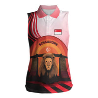 Singapore Lion Women Sleeveless Polo Shirt with Sunset Marina Bay Design and National Flag
