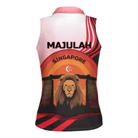 Singapore Lion Women Sleeveless Polo Shirt with Sunset Marina Bay Design and National Flag