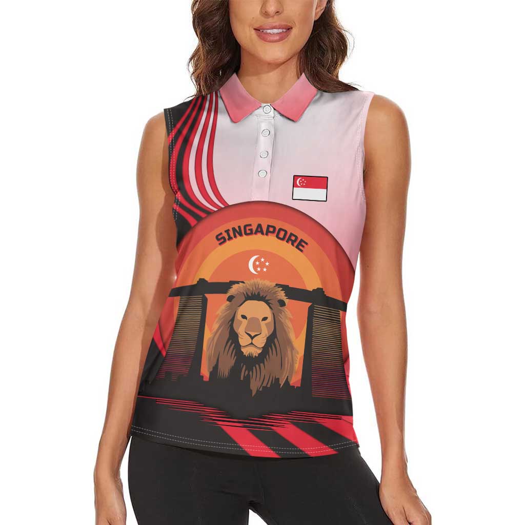 Singapore Lion Women Sleeveless Polo Shirt with Sunset Marina Bay Design and National Flag