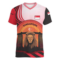 Singapore Lion Women V-Neck T-Shirt with Sunset Marina Bay Design and National Flag