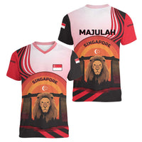 Singapore Lion Women V-Neck T-Shirt with Sunset Marina Bay Design and National Flag
